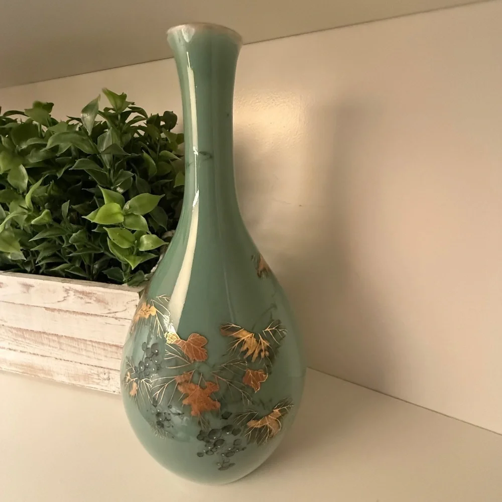 .Asian Turquoise Gilt Decorated Crane Neck Porcelain Glazed Large Vase #1